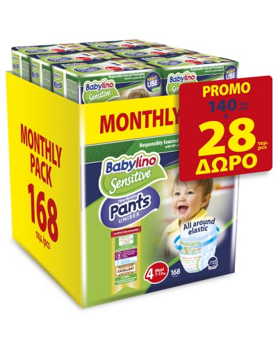 BABYLINO PANTS UNISEX N4 Maxi 7-13 KG (6Χ28 =168 PCS) PROMO 140 + 28 ΔΩΡΟ