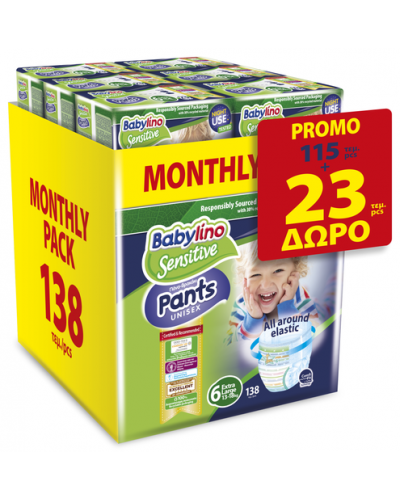 BABYLINO PANTS UNISEX N6  Extra Large 13-18 KG (6Χ23 =138 PCS) PROMO 115+23 ΔΩΡΟ