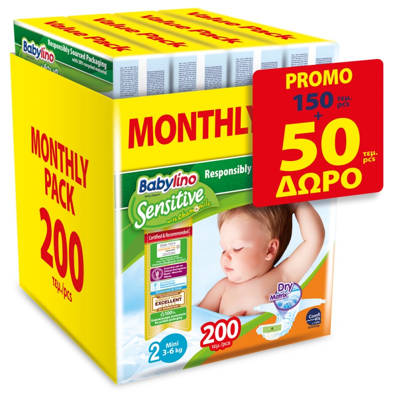 ΠΑΝΕΣ BABYLINO SENSITIVE MONTHLY PACK N2/200 (4 ΣΥΣΚ.Χ50) TA 50 ΤΕΜ ΔΩΡΟ ΠΑΝΕΣ BABYLINO SENSITIVE MONTHLY PACK N2/200 (4 ΣΥΣΚ.Χ50) TA 50 ΤΕΜ ΔΩΡΟ