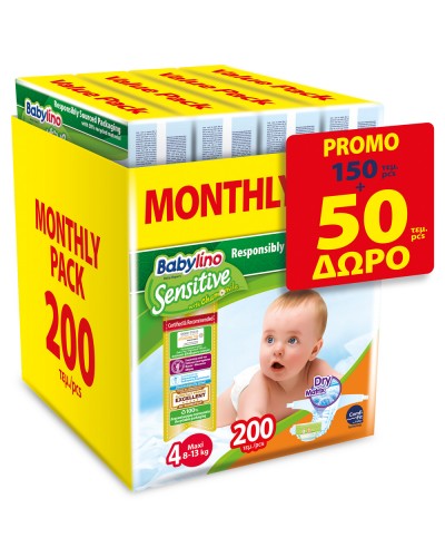 ΠΑΝΕΣ BABYLINO SENSITIVE MONTHLY PACK N4/200 (4 ΣΥΣΚ.Χ50) TA 50 ΤΕΜ ΔΩΡΟ 