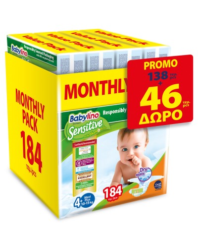 ΠΑΝΕΣ BABYLINO SENSITIVE MONTHLY PACK N4+/184 (4 ΣΥΣΚ.Χ46) ΤΑ 46 ΤΕΜ ΔΩΡΟ 