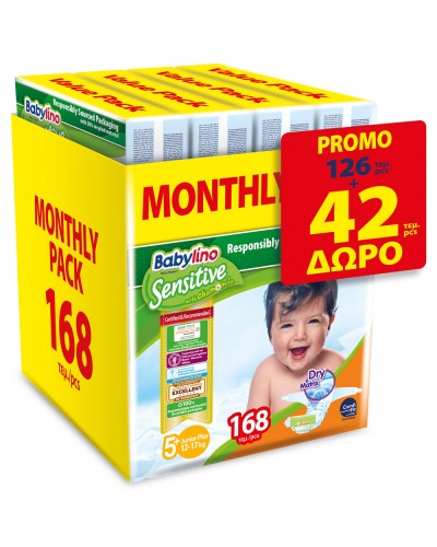 ΠΑΝΕΣ BABYLINO SENSITIVE MONTHLY PACK N5+/168 (4 ΣΥΣΚ.Χ42) ΤΑ 42 ΤΕΜ ΔΩΡΟ 