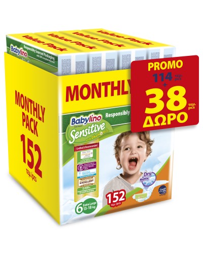 ΠΑΝΕΣ BABYLINO SENSITIVE MONTHLY PACK  N6/152 (4 ΣΥΣΚ Χ 38) ΤΑ 38 ΤΕΜ ΔΩΡΟ 