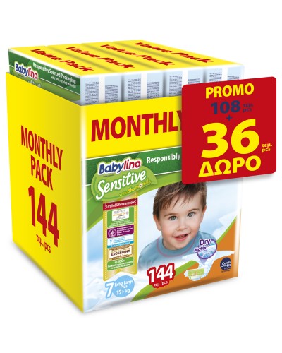 ΠΑΝΕΣ BABYLINO SENSITIVE MONTHLY PACK  N7/144 (4 ΣΥΣΚ Χ 36) ΤΑ 36 ΤΕΜ ΔΩΡΟ